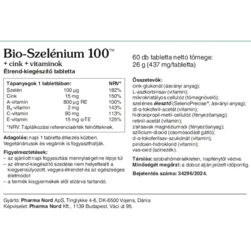 Pharma Nord Bio-Szelénium 100 +Cink +vitaminok tabletta 60 db 