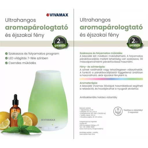 Vivamax ultrahangos illóolaj párologtató