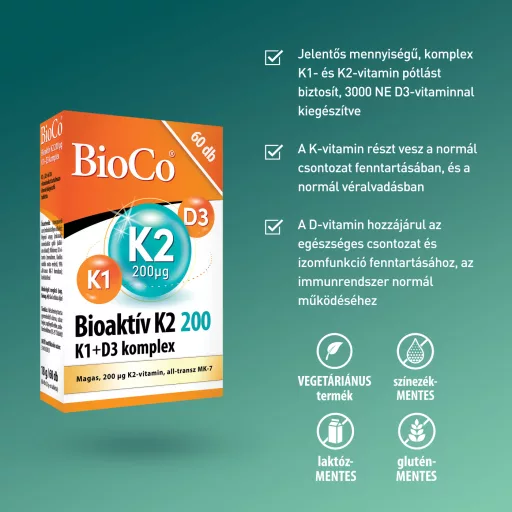 BioCo Bioaktív K2 200 mcg + K1 + D3 komplex tabletta 60 db
