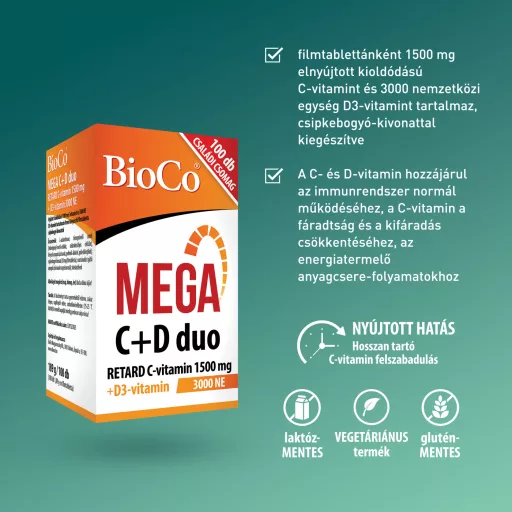 BioCo Mega C + D duo C-vitamin 1500 mg + D3-vitamin 3000NE retard filmtabletta 100 db