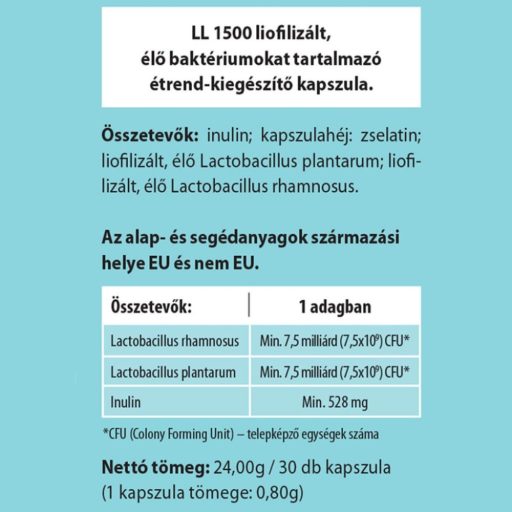 LL1500 liofilizált élő baktériumokat tartalmazó étrend-kiegészítő kapszula 30 db