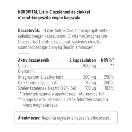 Nordvital Lizin-C szelénnel és cinkkel vegán kapszula 60 db
