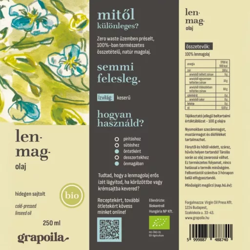 Grapoila hidegen sajtolt bio lenmagolaj 250 ml 