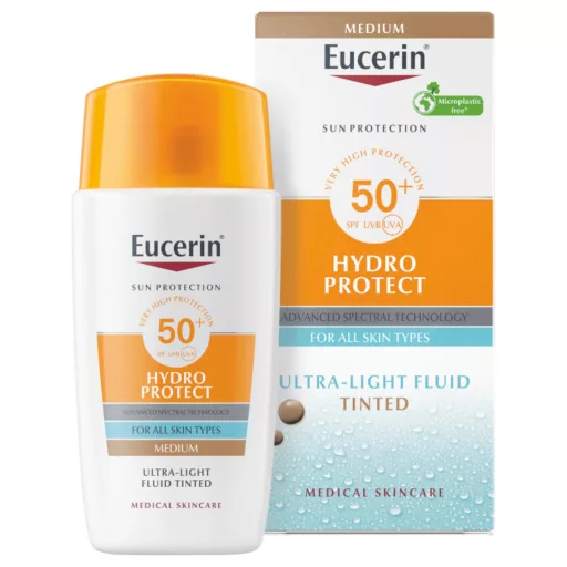 Eucerin Sun Hydro-Protect SPF50 ultra könnyű színezett napozó fluid arcra - medium 50 ml