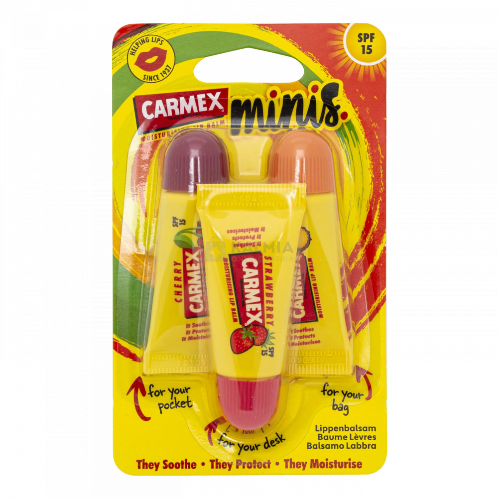 Carmex mini pack eper, cseresznye, ananász-menta tubusos ajakápolók 3 x 5 g akciós termékkép 1